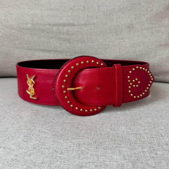 YSL Red Leather Wide Gold Stud Heart Belt 75/30 Rare Vtg Logo Yves Saint Laurent